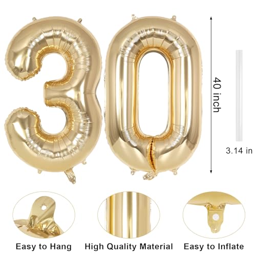 Image of Champagne Gold Large Number 30 Balloon, 40 Inch Light Gold Foil Helium Number Balloons, Giant Mylar Number 30 Balloons for 30 Years Old Birthday Party Anniversary Decorations (Champagne Gold 30)