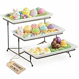 LAUCHUH 3 Tier Serving Tray for Party, Porcelain Tiered Serving Tray Stand Collapsible Sturdier Metal Rack Fruit Tray with 2 Cross Bars for Easter Dessert Party Display Set, 12 Inch, Bronze