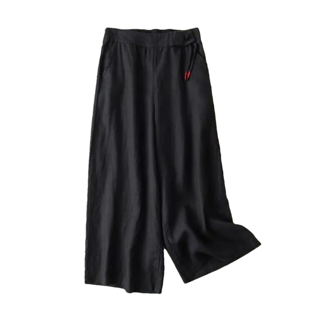 Women Solid Vintage Wide Leg Pants Elastic Waist Buttons Loose Ankle-Length Pants