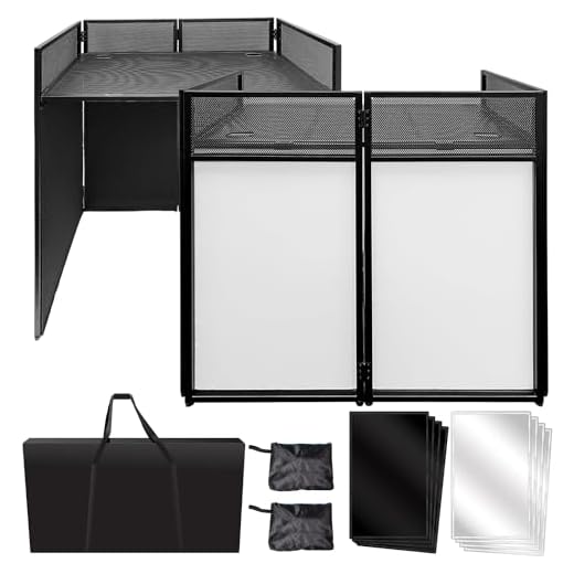 AxcessAbles ES-01 Event Podium DJ Table Facade, 3ft 1" Standing Desk Height, 39.5" W x 19.5"D Work Surface. Video Light Projector Display Booth. Portable with Carrying Bag, Black, White Scrim.