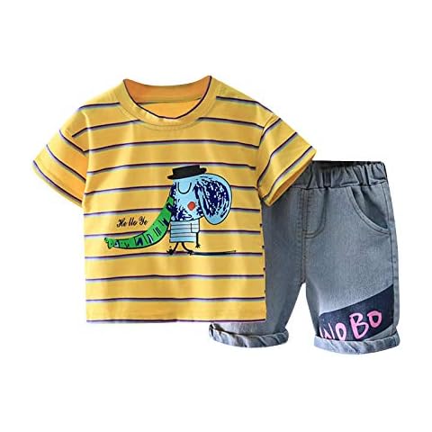 i3ckizce 2Pcs Toddler Baby Boys Summer Clothes Set Short Sleeve Striped Polo Shirt Tops+ Denim Shorts Baby Boys Outfits Suit 0-3 Years (Yellow-A, 6-12 Months) Cover