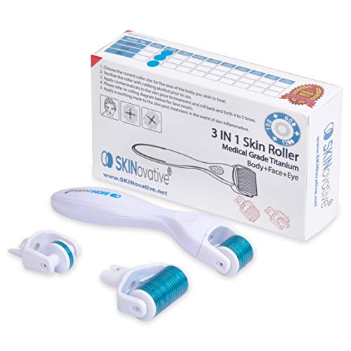 SKINovative 3 in 1 Derma Roller Dermaplaning Microneedling for Full Body Exfoliation | Includes 3 Rollers In One - 1200 Pin for Body | 600 for Face and Hair | 120 for Eye Area