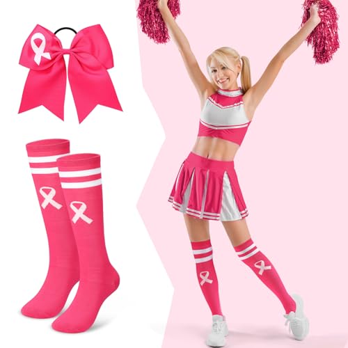 Zoooyawn Breast Cancer Socks Bows Set for Cheerleader, Pink Cheer Awareness Socks Cheerleader Bows Gifts3