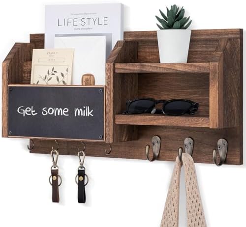 Mail and Key Holder – Wall Mount Key Hanger with Shelf and 7 Metal Hooks – Decorative Natural Paulownia Wood Entryway Organizer with Mounting Hardware (16.5”W x 8.7”H x 3.5”D) (Brown)