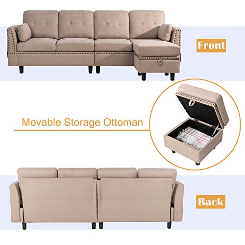 JY QAQA Convertible Sectional Sofa Couch with Reversible Chaise, L-Shaped Couch 4-seat Sofas with Modern Chenille Fabric for Living Room(Dark Khaki) - Thumbnail 7