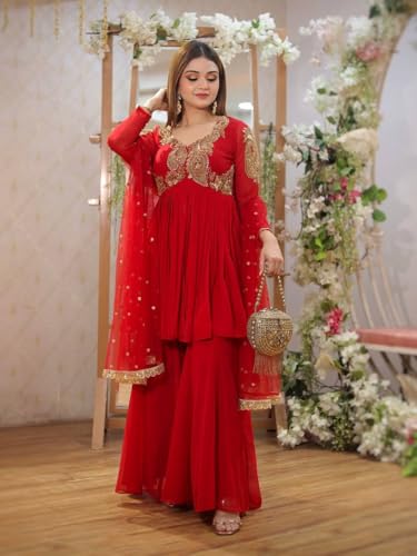 Image of Women Embroidered Ethnic Top Plazo Dupatta Set, Georgette Traditional Outfit for Festive WeddingWear
