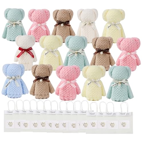 Alutaio タオル15個セット ハンカチ プチギフト ハンドタオル プレゼントプチギフト 個包装 かわいい パールくまさん ベアー ギフト 景品 退職 退院 引っ越しの挨拶 結婚式 お返し粗品 メッセージカード ラッピングバック付き (パールくまさん+メッセージカード+opp透明手提げ袋 15セット)