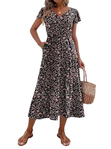 Image of Zeagoo Women's Summer Casual Dress Flutter Short Sleeve V Neck Button Down Tiered Flowy Long Dress with Pockets