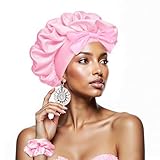 Satin Haarhaube, Satin Bonnet mit 1 Stück Haargummis, Satinhaube Zum Schlafen Bonnet Seidenhaube Männer und Frauen lockiges Haar Nachtleben lose verstellbare Nachtmütze, Rosa