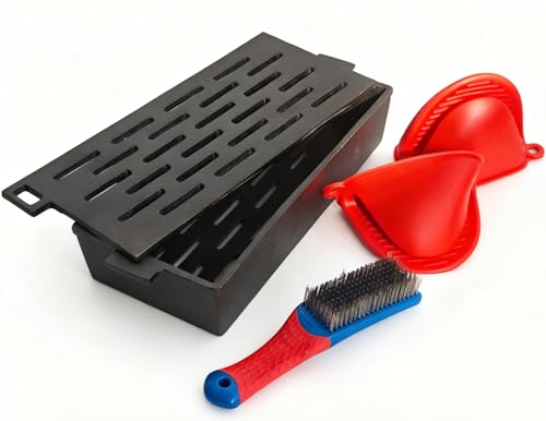 Cast Iron Smoker Box - Smoker Box for Wood Chips with Silicone Mitts and Cleaning brush,2-In-1 Rack and Tray for Charcoal & Gas Grills (Small)