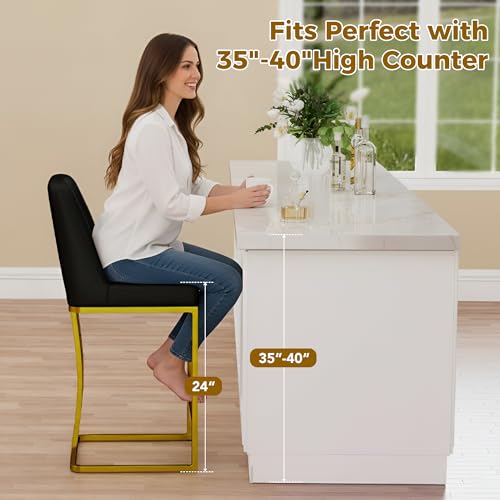 Image of LSSBOUGHT Counter Height Bar Stools Set of 2, Black Counter Stools with Back and Gold Metal Frame,Modern Barstools with Footrest, Upholstered Pu Bar Chairs for Kitchen Island(2pcs,Black)