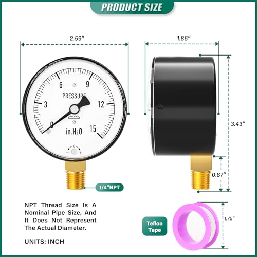 Image of 0-15 in H2O Diaphragm Type Capsule Low Pressure Gauge 2-1 /3 inch Dial Size, 1 /4 inch NPT Lower Mount, Adjustable Water Column Gauge, for Pressure Testing with Air, Gas, Water, and Other Liquids