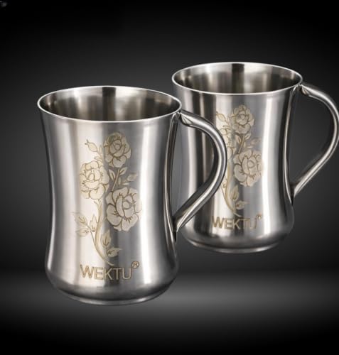 Image of WEKTU Premium Stainless Steel Lassi Mug with Floral Engraving, Polished Mirror Finish, 9 cm x 12.5 cm, Pack of 2