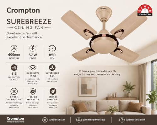 Image of Crompton Highspeed Super Briz Royal 600 mm Designer Ceiling Fan | BEE Star Energy Rating | X-Tach Technology | Upto 50% Less Heating | 2 Year Manufacturer Warranty | Caramel