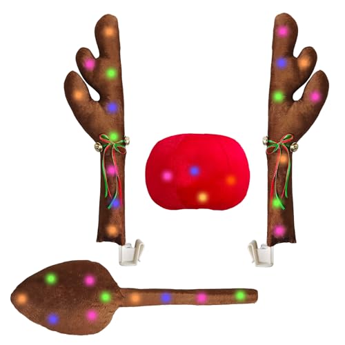 VCYOPN 4PCS Christmas Reindeer Antlers Car Decoration Kit LED Light Up Vehicle Jingle Bells Antlers with Nose & Tail Christmas Reindeer Ornament Set Holiday Decor for Car SUV Truck