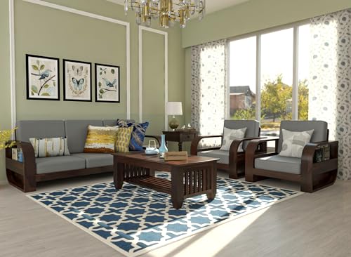 Image of Wooden 5 Seater Sofa Set for Living Room, Five Seater Sofa for Office & Lounge, 3+1+1 Seater Sofa Sets for Home, Sheesham Wood (Walnut Finish)