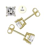 14K Yellow Gold Stud Earring Aprx 2 Carat Total Weight, 5mm Each Princess Cut Simulated Diamond Earring. Set on High Quality Prong Setting & Friction Style Post - Crazy2Shop