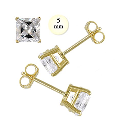 Noureda 14K Yellow Gold Stud Earring Aprx 2 Carat Total Weight, 5mm Each Princess Cut Simulated Diamond Earring. Set on High Quality Prong Setting & Friction Style Post