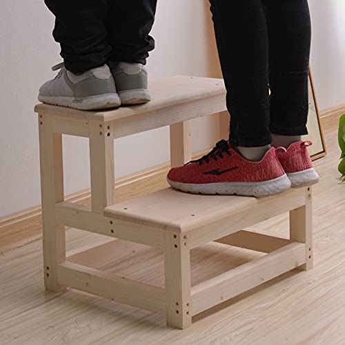 JLXJ Wooden Step Stool for Adults/Kids/Seniors, 2 Tier Bedside Stepping Stool with Non-Slip Mats, Kitchen Bathroom Heavy Duty Foot Stool Ladder