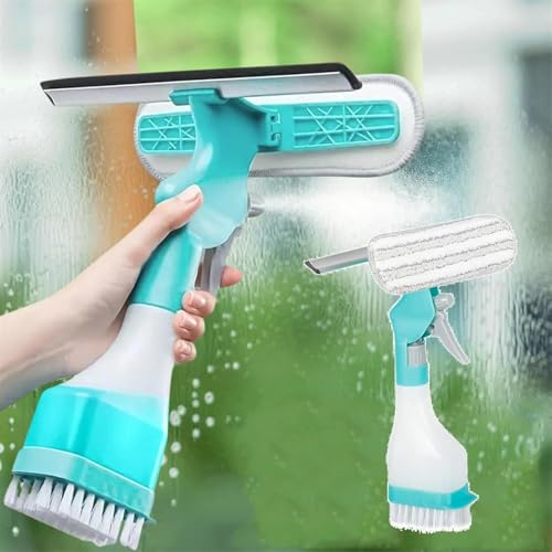AMPLIN 4-in-1 Glass Window Cleaner Combines a Wiper, Scraper, Brush and Spray Bottle 4 in 1 Kit with Spray Bottle Microfiber Washer Head Home Glass Refillable Bottle Built-in Squeegee, Scrub Pad Spray