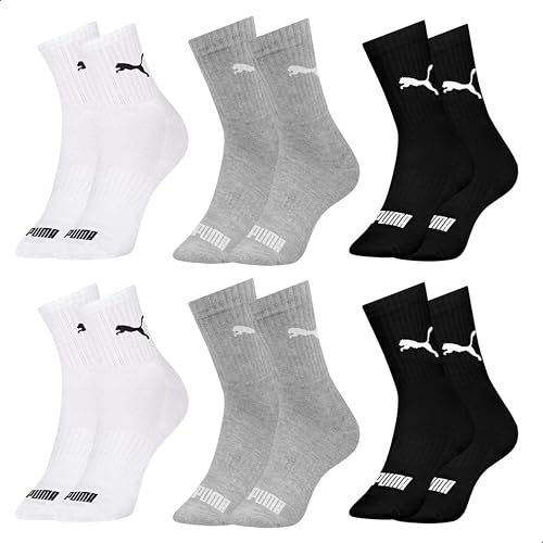 PUMA 6 ParesMeia Cano Médio Alto com Sola Atoalhada e Faixa Tensora Esportiva Academia Unissex Adulto, 2 Branco - 2 Cinza - 2 Preto, 34-39