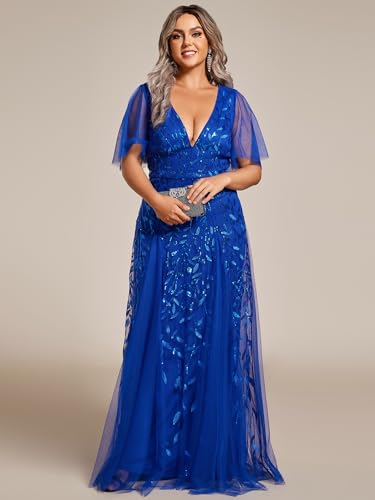 Image of Ever-Pretty Women's Sequin V Neck Plus Size Formal Dresses Evening Gown | Short Sleeve, A-Line, Empire Waist, Plus Size Mother of the Bride Dresses, Plus Size Gala Dress