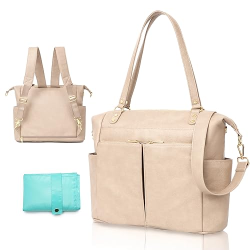 Image of MOMINSIDE Diaper Bag Tote, Leather Diaper Bag Backpack with 14 Pockets, Convertible Baby Bag for Boys Girls, Baby Registry, Changing Pad, Large 4 Insulated Pockets (Ivory)