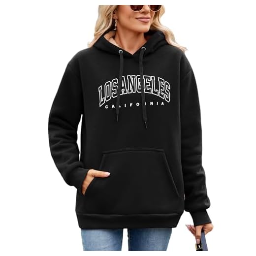 Vijamiy Sudaderas Mujer de Forro Polar con Capucha Moda Estampados Otoño&Invierno Los Angeles Hoodie Oversize Sudadera Cortaviento y cálido Sweatshirt(Negro,L)