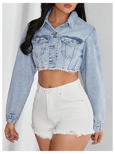 Floerns Women's Y2k Cropped Jean Jacket Long Sleeve Button Up Frayed Denim Jacket3
