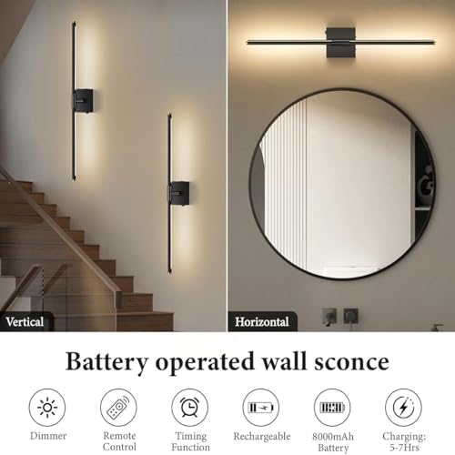 Image of SAIMAND Wall Sconces Set of 2 Battery Operated, Wireless USB 8000mAh Rechargeable Wall Lights with Remote Control,3000K-6000K LED Dimmable Decor Lamp for Living Room,Bedroom,Hallway (27in Black)