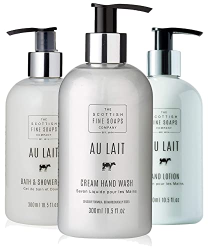 Image of The Scottish Fine Soaps Company Au Lait Gift Set includes Cream Hand Wash, Hand Lotion Moisturiser and Bath & Shower Gel all 300ml Bottles with Pump Dispenser