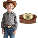 SUOSDEY Kids Western Cowboy Belt for Boys Girls,Toddler Cowgirl Embossed Leather Belt with Longhorn Bull Buckle