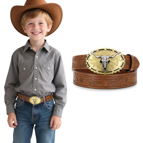 SUOSDEY Kids Western Cowboy Belt for Boys Girls Toddler Cowgirl Embossed Leather Belt with Longhorn Bull Buckle