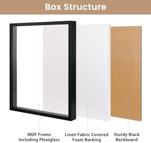 Califortree Large 16x20 Shadow Box Frame with Soft Linen Back - Jersey Frame Memory Display Case, 12 Push Pins Included, Black