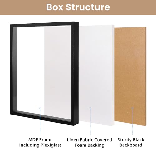Califortree Large 16x20 Shadow Box Frame with Soft Linen Back - Jersey Frame Memory Display Case, 12 Push Pins Included, Black