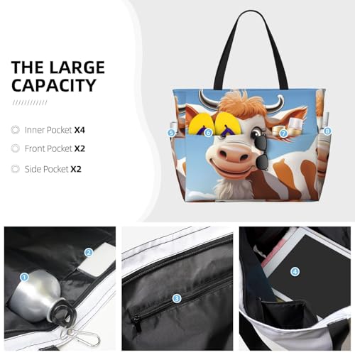 Beach Bags For Women Large Waterproof Sandproof Beach Tote Bag Lightweight Zipper Carry On Bag Cartoon Cute Cow Pool Bag For Gym Travel Vocation3