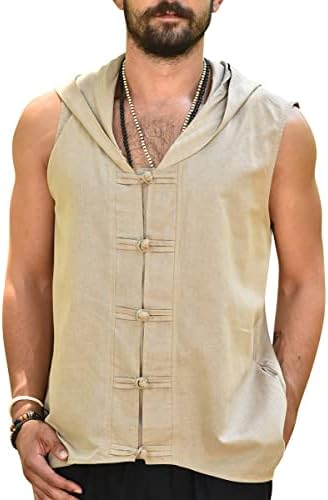 Gafeng Men's Linen Sleeveless Hoodies Summer Beach Casual Hippie Workout Muscle Frog Button Shirt Tank Tops Beige