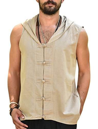 Gafeng Men's Linen Sleeveless Hoodies Summer Beach Casual Hippie Workout Muscle Frog Button Shirt Tank Tops Beige #TOP17