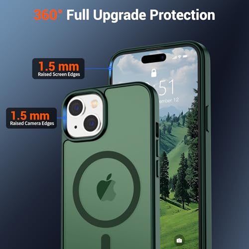 Image of SUPFINE Magnetic for iPhone 15 Case (Compatible with MagSafe) (Military Grade Drop Protection) Slim Translucent Matte Shockproof with Anti-Fingerprint Phone Case, Forest Green