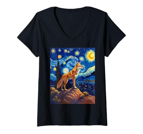 Mujer Noche estrellada de Van Gogh Coyote Prairie Wolf Animal Camiseta Cuello V