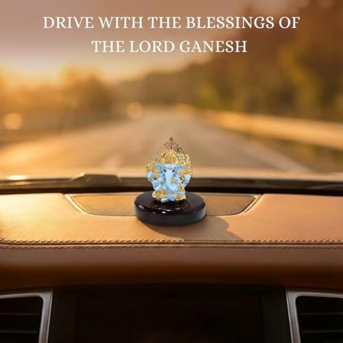 Image of Gold Plated Kalpavrikshya Tree Ganesh Idol Ganpati Murti for Car Dashboard, Office Desk, Hindu God Gift & Home Decor - Resin (Blue) - 3 Inches - Pack of 1