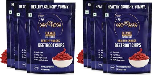 Image of Evolve Beetroot Chips Healthy Snacks for Kids, Adults | Gluten Free, Vacuum Fried, Low Calorie, Vegan | No Additives, Ready to Eat, Masala Flavor - 100g Pack of 6