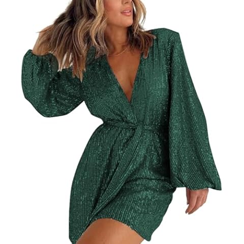 IDOPIP Women V Neck Sparkly Sequins Romper Club Party Long Sleeve Shorts Jumpsuit Evening Glitters Ruffle One Piece Shinny Dance Outfit Elegant Music Festival Cocktail Dressy Romper Green M Cover