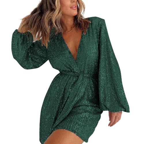 Mono de lentejuelas para mujer de manga larga y cuello en V elegante para fiesta de noche