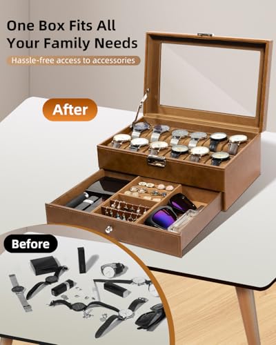 Image of Uten 12-Slot Watch Box, 2-Layers PU Leather Watch Case with Glass Lid, Watch Holder Organizer with Soft Pillow and Velvet Lining, Watch and Jewelry Storage Box, Brown