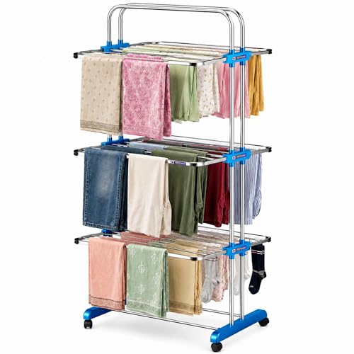 Image of URBAN KRAFT 3 Tier Stainless Steel Premium Cloth Drying Stand | Foldable Clothes Rack for Drying | Heavy Duty Clothes Dryer Stand | Laundry Racks for Drying - Indoor, Balcony & Garden