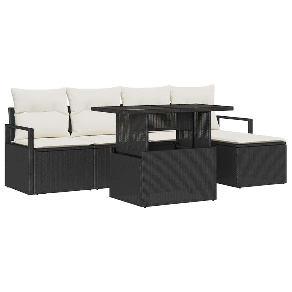 salon de jardin modulable, polyrotin, noir et crème, 6 pièces, 53.4kg