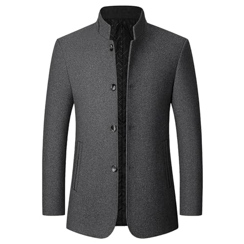 Maiyifu-GJ Men's Single Breasted Wool Blend Coats Slim Fit Stand Collar Wool Pea Coats Business Casual Winter Jacket Overcoat