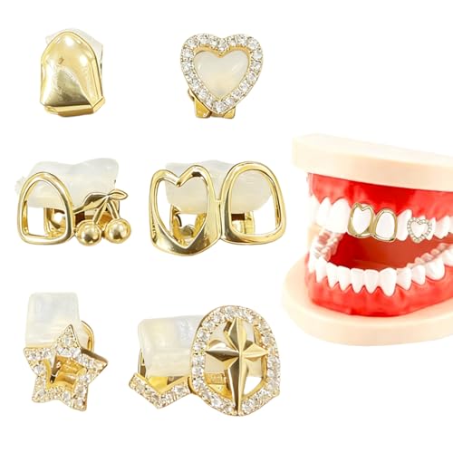 YAFIYGI 6Pcs Grillz for Women Gold Plated Grills Mouth Jewelry Kit Single Tooth Caps One Size Fits All Bling Jewels for Hip-Hop Fashion with Heart Hollow Rhinestones Star Cross Cherry