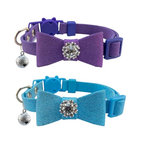 SuperBuddy Cat Collars with Bells, Breakaway Kitten Collar, Cute Kitty Collar with Diamonds Bowtie Bell for Puppy Kitten in 2 Pack, Pet Supplies Accessories